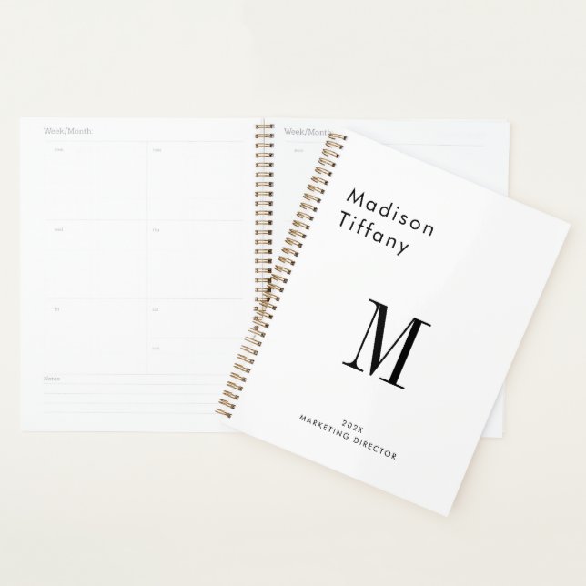 Agenda Minimal Monogram Black and White Custom Name Year (Exibição)