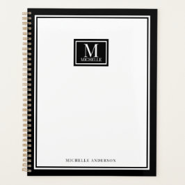 Agenda Minimalista Chic com Monograma de Nome Preto e Dup