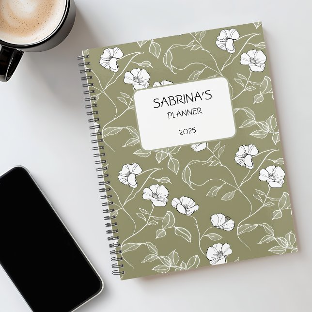 Agenda Minimalista Floral Verde-Oliva Personalizado Idata (Personalized Floral White Name Olive Green Minimalist Undated Planner)