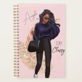 Agenda Moda Faux Brilho Garota Cabelo Vermelho Rosa Marro