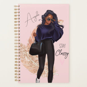 Agenda Moda Faux Brilho Garota Cabelo Vermelho Rosa Marro