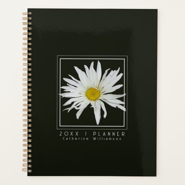 Agenda Modern Black and White Daisy Pattern Name 2026 (Frente)