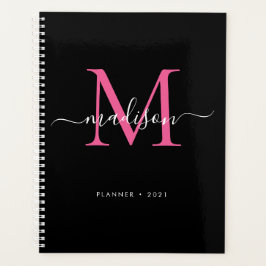 Agenda Modern Black Hot Pink Girly Monograma Script 2021