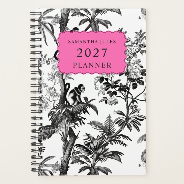 Agenda Modern Black White Pink Tropical Monkey Pattern (Frente)