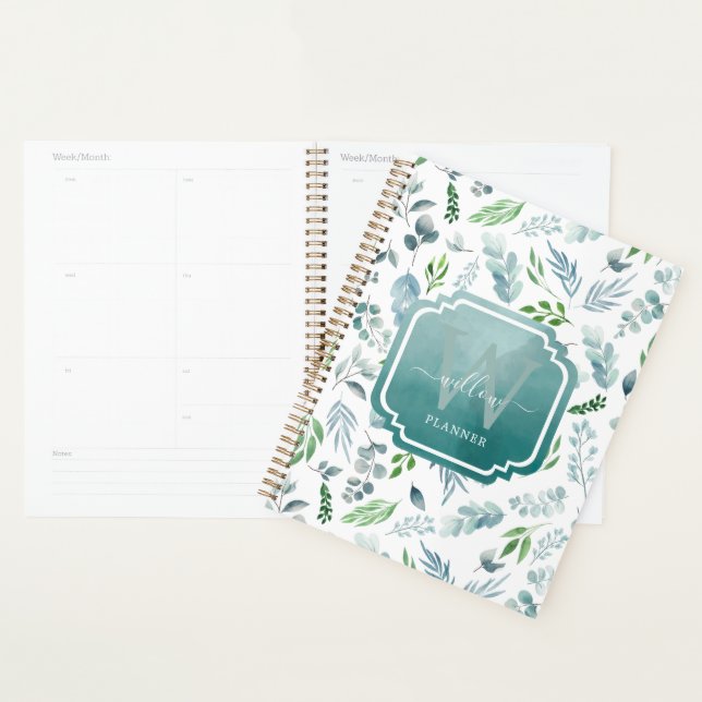 Agenda Modern Boho Monograma Verde Eucalyptus Foliage (Exibição)