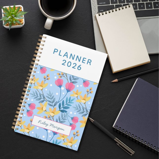 Agenda Modern Elegant Botanical Pink Blue Floral (Criador carregado)