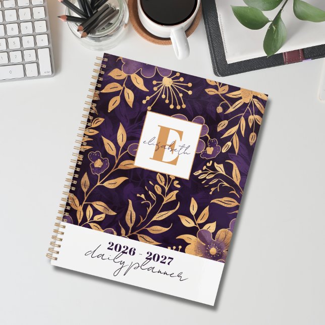 Agenda Modern Elegant Purple and Gold Floral Botanical (Criador carregado)
