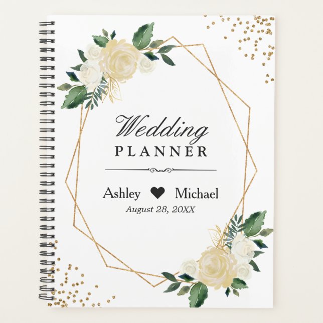 Agenda Modern Frame Greenery Ivory Dourado Casamento Flor (Frente)