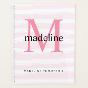 Agenda Modern Girly Pink Strips Monograma Nome inicial