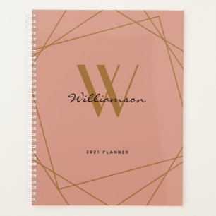 Agenda Modern Girly Rosa Dourado Monograma Nome do Script