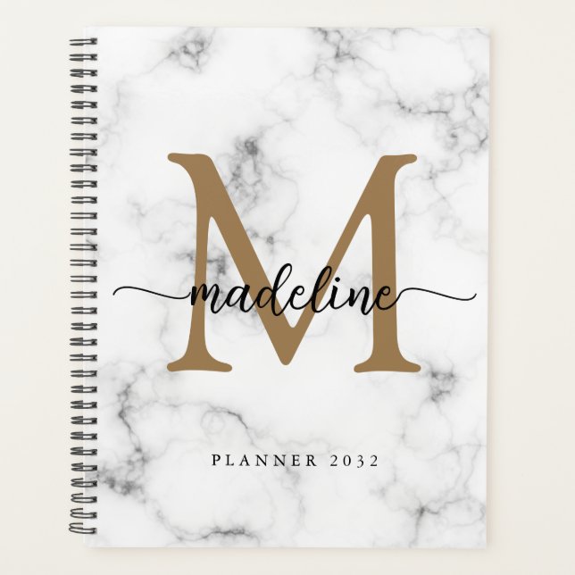 Agenda Modern Marble Gold Girly Script Monogram (Frente)