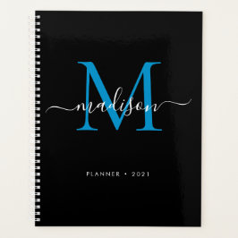 Agenda Modern Monograma Black Blue Girly Script Name 2021