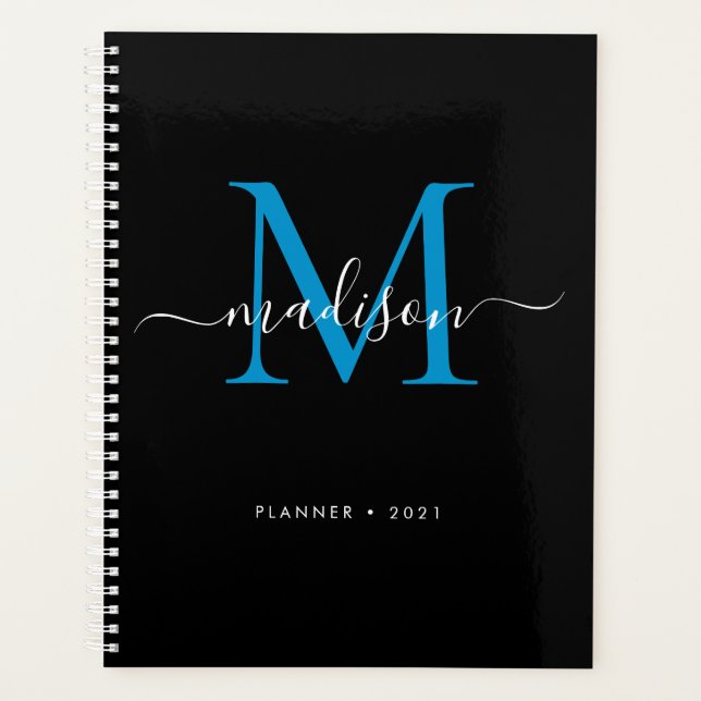 Agenda Modern Monograma Black Blue Girly Script Name 2021 (Frente)