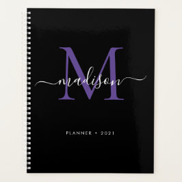 Agenda Modern Monograma Black Purple Girly Script 2021