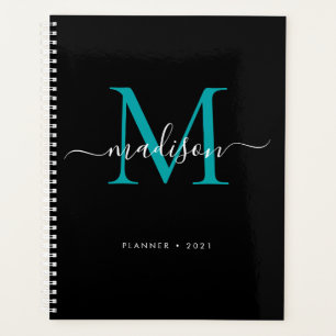 Agenda Modern Monograma Black Teal Green Girly Script 202