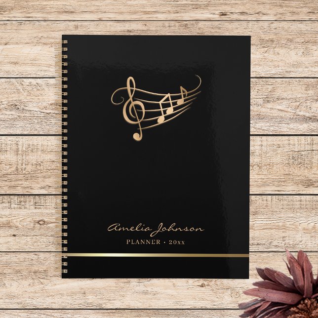 Agenda Modern Music Notes Dourado Elegante Personalizável (Criador carregado)