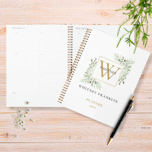 Agenda Modern Watercolor Monograma Dourado Verde 2023