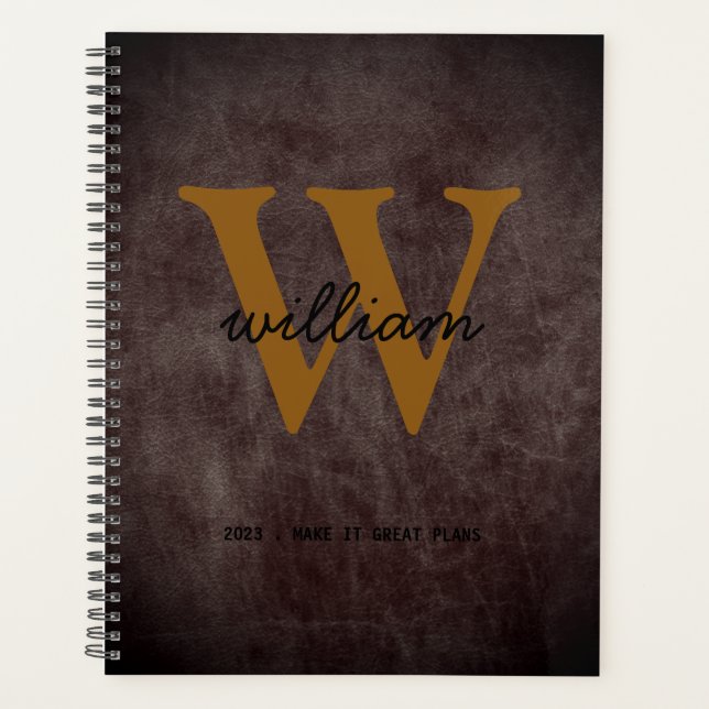 Agenda Moderno chic burgundy couro script monograma bege (Frente)