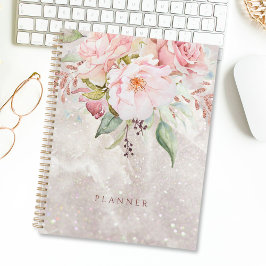 Agenda Moderno Elegante Rosa Rosa Rosa Peony Floral Marbl
