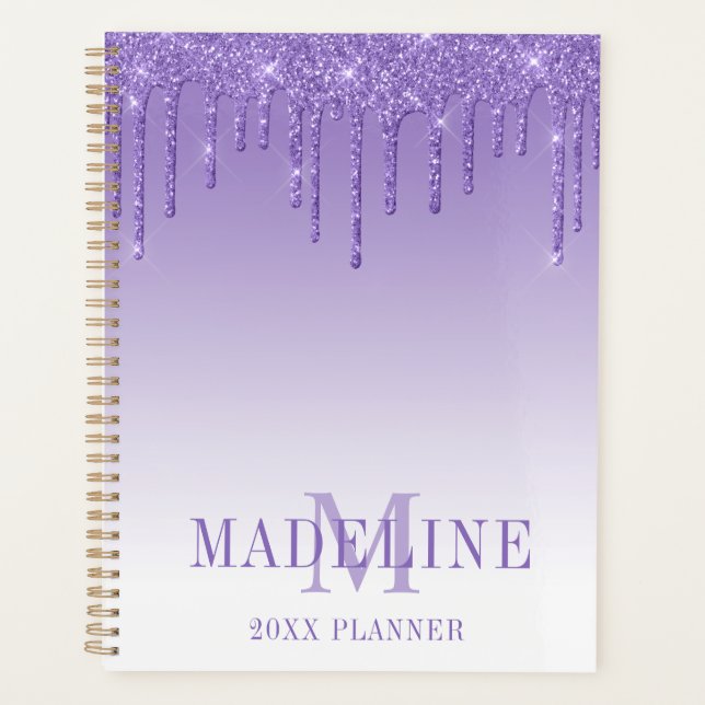 Agenda Moderno Glitter Roxo da Moda com Monograma (Frente)