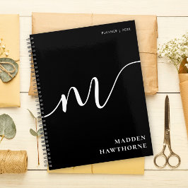 Agenda Moderno Monograma Script Caligrafia Preta