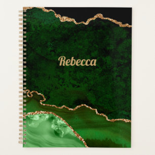 Agenda Moderno Preto e Dourado com Ágata Verde Personaliz