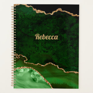 Agenda Moderno Preto e Dourado com Ágata Verde Personaliz