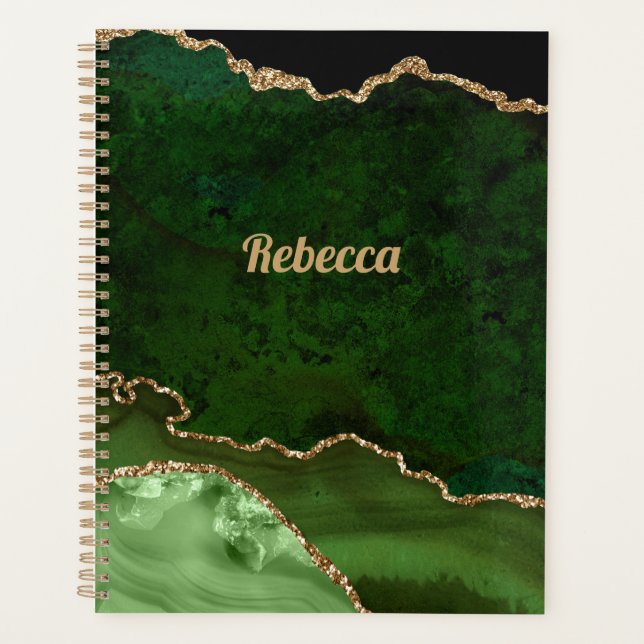 Agenda Moderno Preto e Dourado com Ágata Verde Personaliz (Frente)