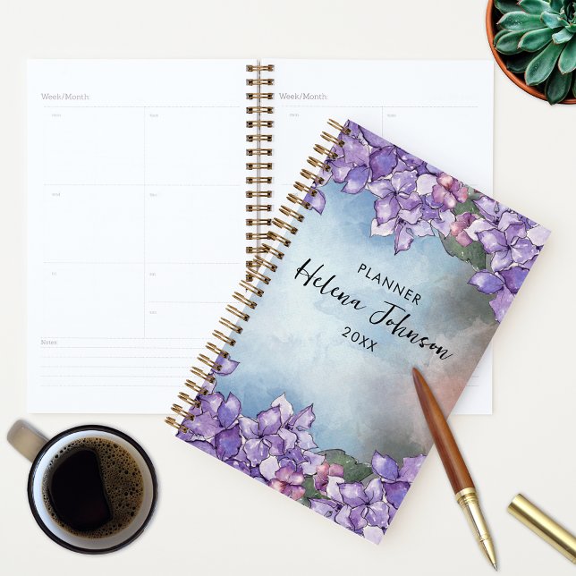 Agenda Moldura de Hortênsia Roxa Lavanda em Aquarela Boho (Criador carregado)