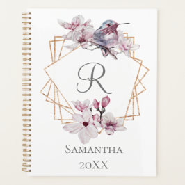 Agenda Moldura Dourada de Magnólias Brancas Rosa Monogram
