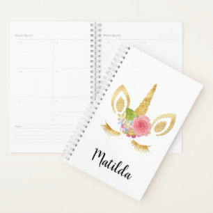 Agenda Monocórnio bonito e elegante de ouro floral