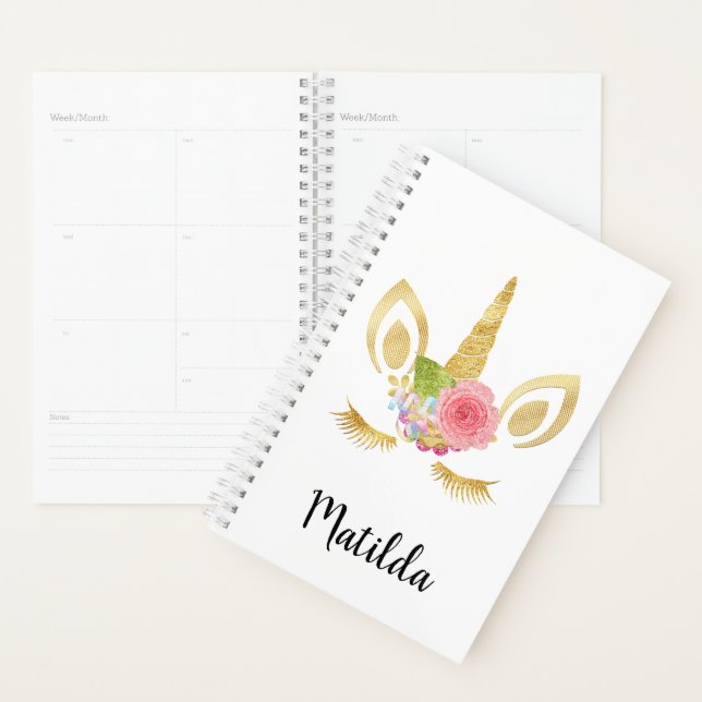 Agenda Monocórnio bonito e elegante de ouro floral (Exibição)