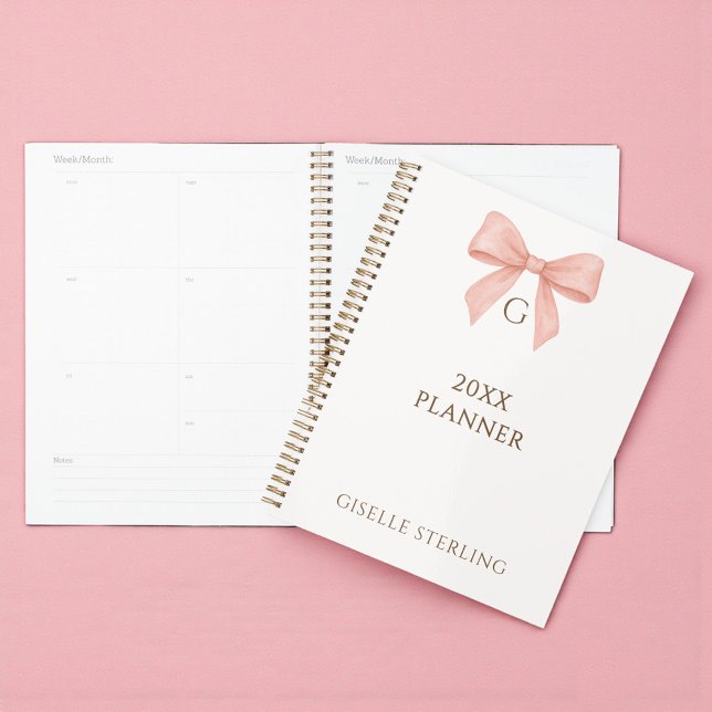 Agenda Monogram Blush Pink Bow Watercolor (Criador carregado)