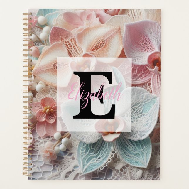 Agenda Monogram lace floral pink pastel orchid flowers  (Frente)