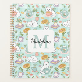 Agenda Monogram Tea & Bookish Cats Spiral Planner Green