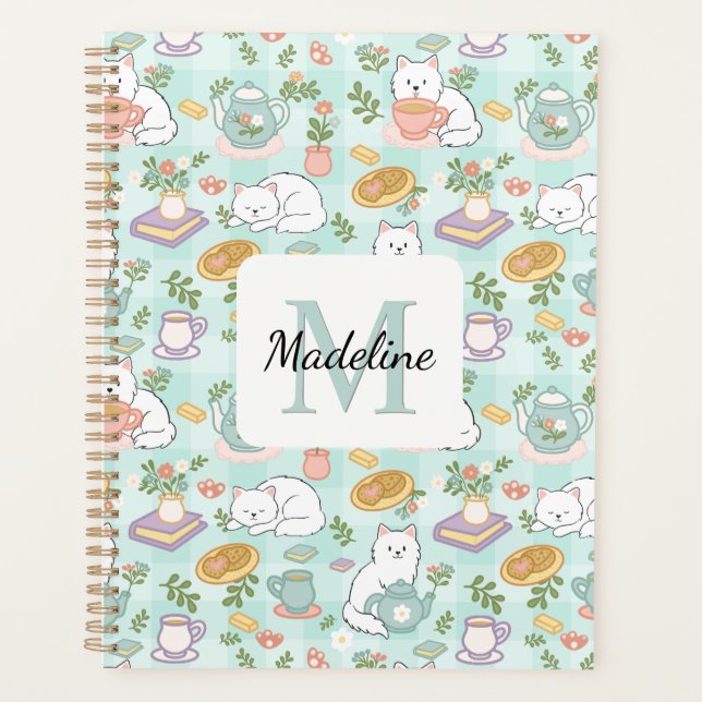 Agenda Monogram Tea & Bookish Cats Spiral Planner Green (Frente)