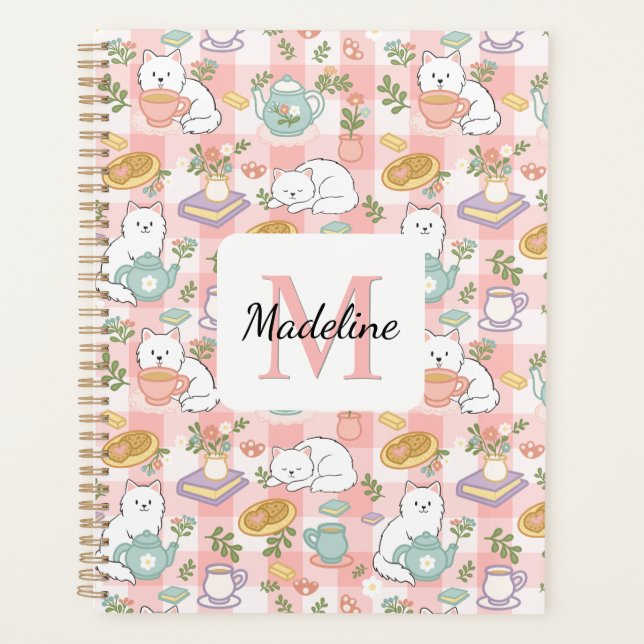 Agenda Monogram Tea & Bookish Cats Spiral Planner Pink (Frente)