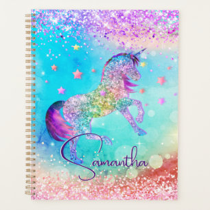 Agenda Monograma aqua branco de unicórnio rosa brilhante