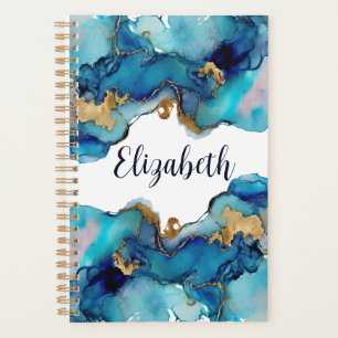 Agenda Monograma Azul Dourado Lavado Splash Aquarela Abst