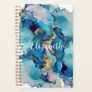 Agenda Monograma Azul Dourado Lavado Splash Aquarela Abst