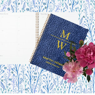 Agenda Monograma Azul Elegante Textura Dourada