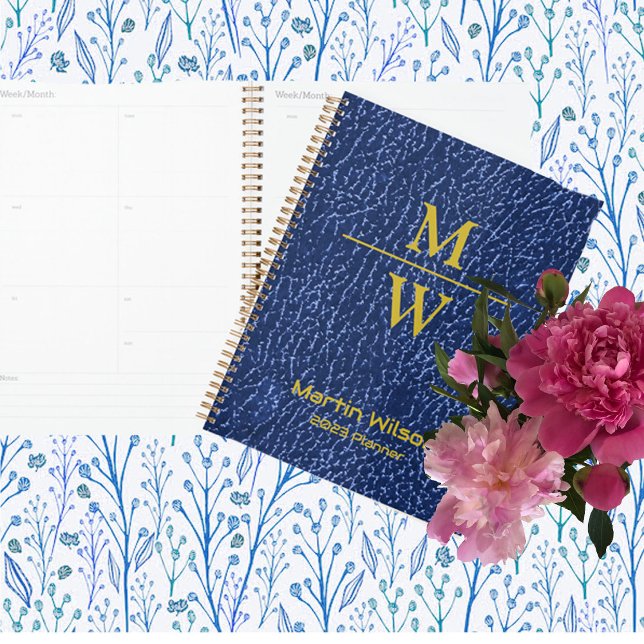 Agenda Monograma Azul Elegante Textura Dourada (Criador carregado)