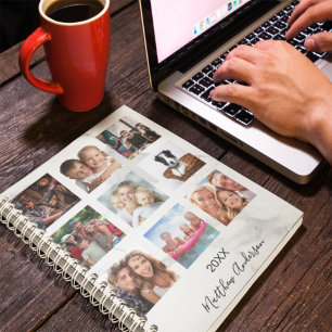 Agenda Monograma branco de mármore de colagem personaliz