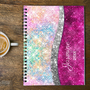 Agenda Monograma branco, iridescente, cor-de-rosa, com br