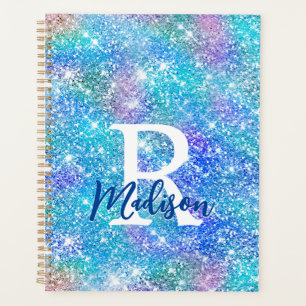 Agenda Monograma branco iridescente de monograma azul-ros