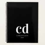 Agenda Monograma branco preto elegante<br><div class="desc">Fundo preto,  texto branco. Personalize e adicione suas iniciais,  nome e título do monograma.</div>