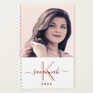 Agenda Monograma branco rosa dourado com fotografia perso