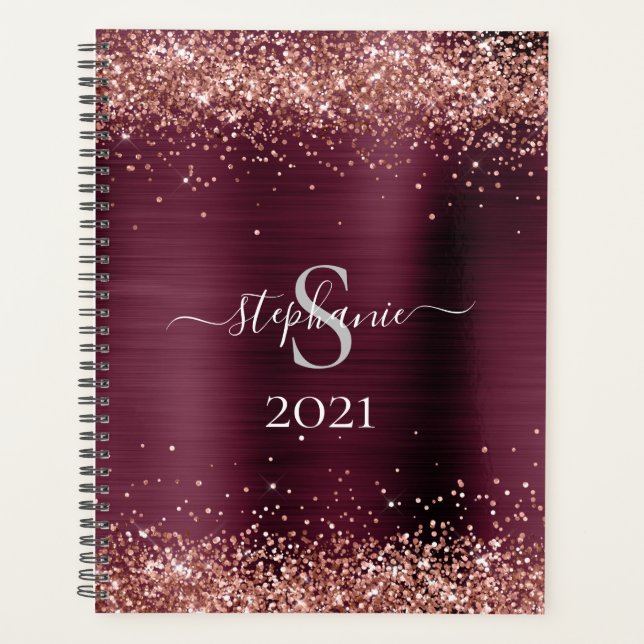 Agenda Monograma Burgundy Brown Faux-Glitter Girly Glam (Frente)