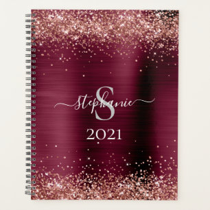 Agenda Monograma Burgundy Rosa Dourado Glitter Girly Glam