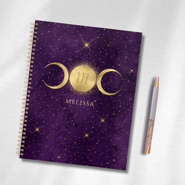 Agenda Monograma Celestial Dourado Triplo Roxo da Lua (Criador carregado)
